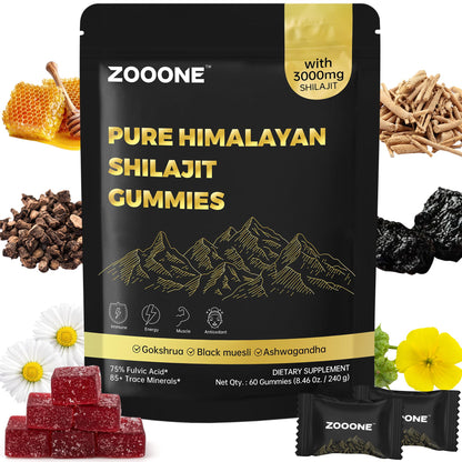 ZOOONE 60 Gummies Pure Himalayan Shilajit Gummies Gold I Lab Tested I No Added Sugar I Ashwagandha, Gokshura| Fulvic Acid & 85+ Trace Minerals I for Men, Women I Non-GMO I 100% Natural & Organic I