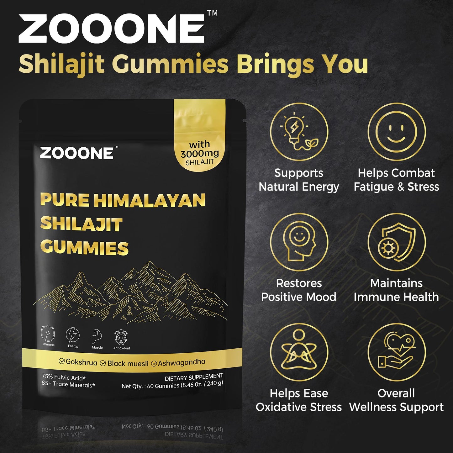 ZOOONE 60 Gummies Pure Himalayan Shilajit Gummies Gold I Lab Tested I No Added Sugar I Ashwagandha, Gokshura| Fulvic Acid & 85+ Trace Minerals I for Men, Women I Non-GMO I 100% Natural & Organic I