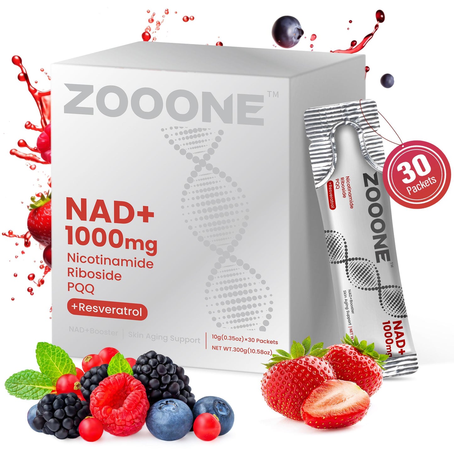 ZOOONE NR1000 - NAD+ Berry Flavor Drink Mix for Skin Aging Support, Energy, and Focus - 30 Pack -