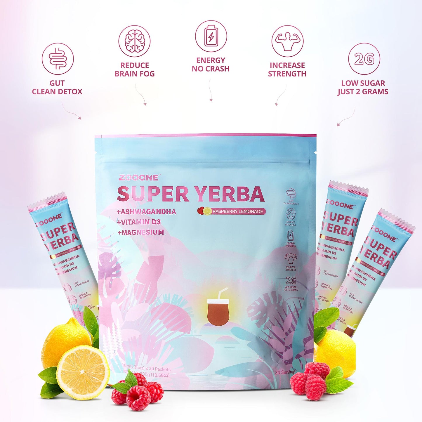 ZOOONE Super Yerba | Yerba Mate Instant Tea Powder |  RASPBERRY LEMONADE Flavor | 30 Servings